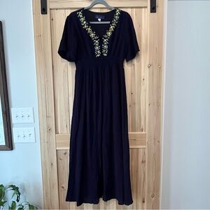 Embroidered Navy Blue Maxi Dress